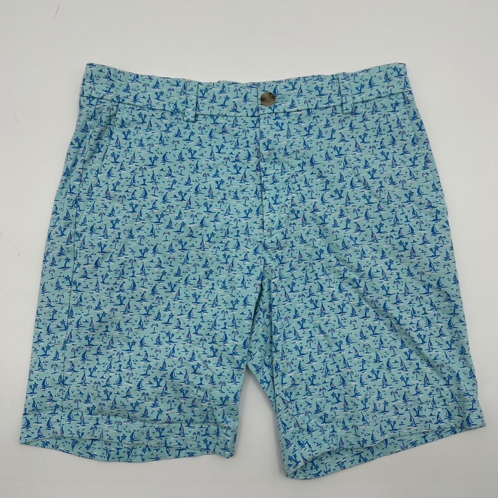 Vineyard Vines Mens 31 Blue‎ Nautical Sailboat Palm Tree Print Stretch Shorts